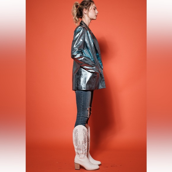 18 Metallic Faux Leather Chic  Open Blazer Jacket - Picture 4 of 6